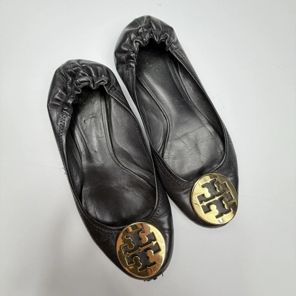 Tory Burch Reva Ballet Flats Womens 7.5 Black Leather Gold Logo Slip On Shoes - Picture 2 of 9